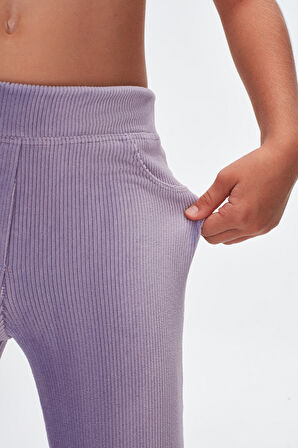 Açık Lila Kız Çocuk Cepli Fitilli Kadife Tayt