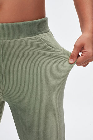 Çağla Yeşil Kız Çocuk Cepli Fitilli Kadife Tayt