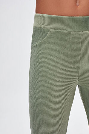 Çağla Yeşil Kız Çocuk Cepli Fitilli Kadife Tayt