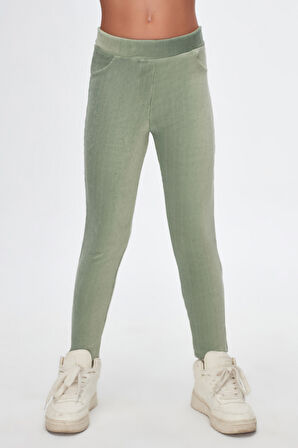 Çağla Yeşil Kız Çocuk Cepli Fitilli Kadife Tayt