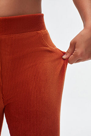 Kiremit Kız Çocuk Cepli Fitilli Kadife Tayt