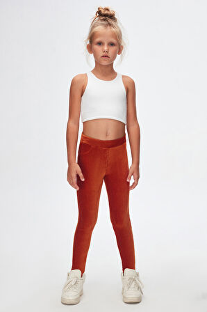 Kiremit Kız Çocuk Cepli Fitilli Kadife Tayt