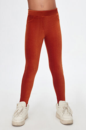 Kiremit Kız Çocuk Cepli Fitilli Kadife Tayt