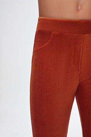 Kiremit Kız Çocuk Cepli Fitilli Kadife Tayt