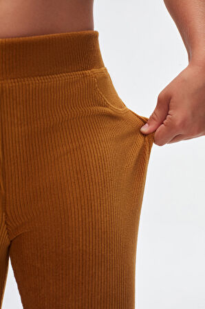 Hardal Kız Çocuk Cepli Fitilli Kadife Tayt