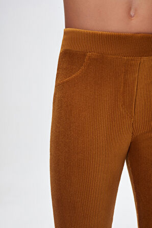 Hardal Kız Çocuk Cepli Fitilli Kadife Tayt