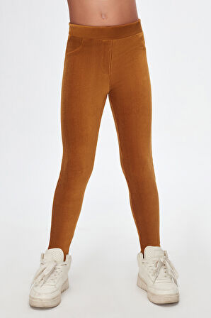 Hardal Kız Çocuk Cepli Fitilli Kadife Tayt