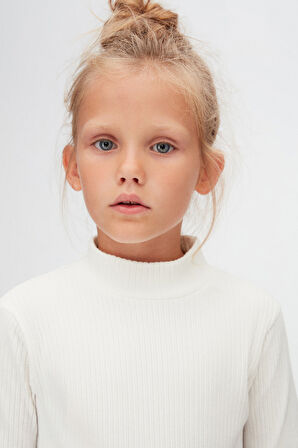 Ekru Kız Çocuk Yarım Balıkçı Kaşkorse Uzun Kol Tişört