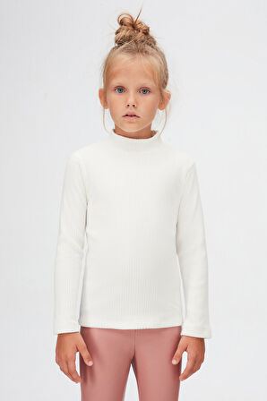 Ekru Kız Çocuk Yarım Balıkçı Kaşkorse Uzun Kol Tişört