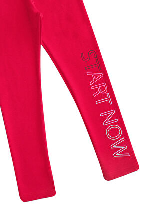 Kırmızı Start Now Baskılı Kız Çocuk Kışlık Şardonlu Kız Çocuk Tayt