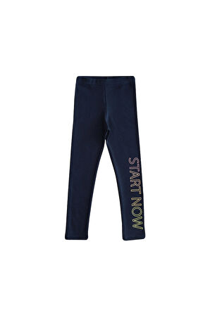 Koyu Lacivert Start Now Baskılı Kız Çocuk Kışlık Şardonlu Kız Çocuk Tayt