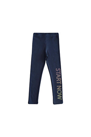 Açık Lacivert Start Now Baskılı Kız Çocuk Kışlık Şardonlu Kız Çocuk Tayt