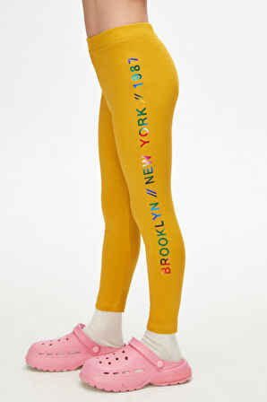 Hardal New York Baskılı Şardonlu Kız Çocuk Kışlık Tayt