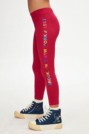 Mürdüm New York Baskılı Şardonlu Kız Çocuk Kışlık Tayt