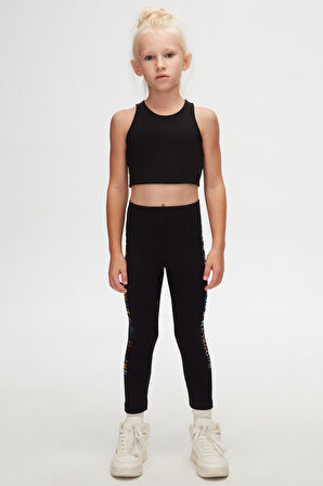 Siyah New York Baskılı Şardonlu Kız Çocuk Kışlık Tayt