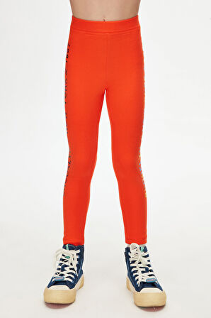 Turuncu New York Baskılı Şardonlu Kız Çocuk Kışlık Tayt