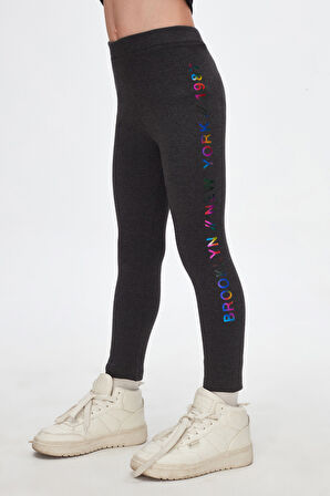 Antrasit New York Baskılı Şardonlu Kız Çocuk Kışlık Tayt