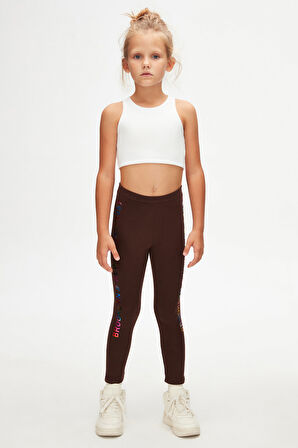 Kahverengi New York Baskılı Şardonlu Kız Çocuk Kışlık Tayt