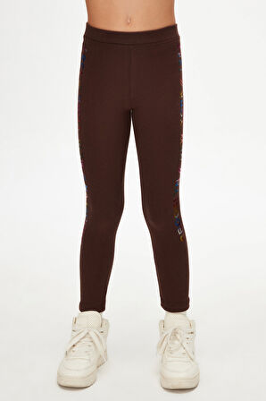 Kahverengi New York Baskılı Şardonlu Kız Çocuk Kışlık Tayt