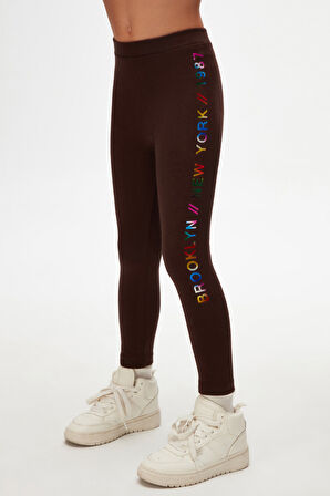 Kahverengi New York Baskılı Şardonlu Kız Çocuk Kışlık Tayt