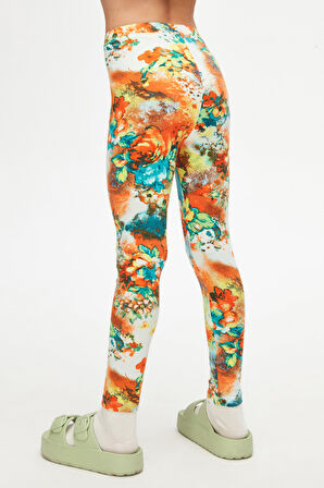 Turuncu Çiçek Kız Çocuk Desenli Kışlık Tayt