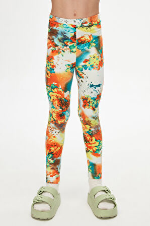 Turuncu Çiçek Kız Çocuk Desenli Kışlık Tayt