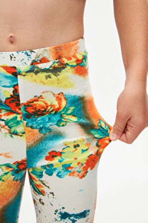 Turuncu Çiçek Kız Çocuk Desenli Kışlık Tayt