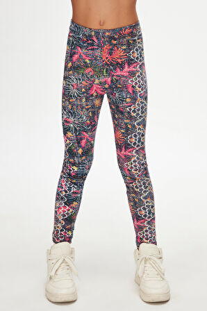 Fuşya Yaprak Kız Çocuk Desenli Kışlık Tayt