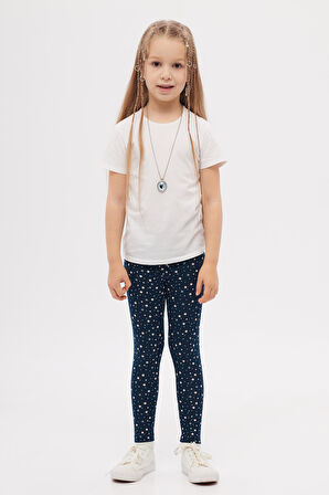 Koyu Lacivert Little Stars Kız Çocuk Yazlık Desenli Tayt