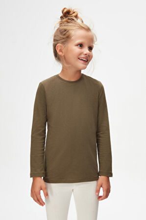 Kamuflaj Yeşil Basic Unisex Çocuk Mevsimlik Sıfır Yaka Uzun Kollu Tişört