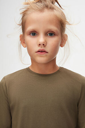 Kamuflaj Yeşil Basic Unisex Çocuk Mevsimlik Sıfır Yaka Uzun Kollu Tişört