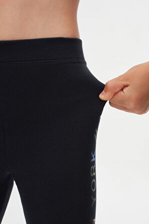 Koyu Lacivert New York Baskılı Şardonlu Kız Çocuk Kışlık Tayt