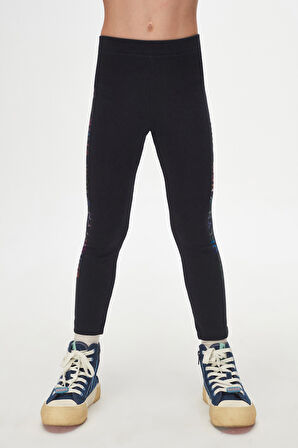 Koyu Lacivert New York Baskılı Şardonlu Kız Çocuk Kışlık Tayt