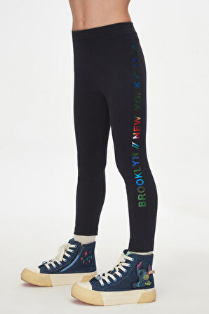 Koyu Lacivert New York Baskılı Şardonlu Kız Çocuk Kışlık Tayt