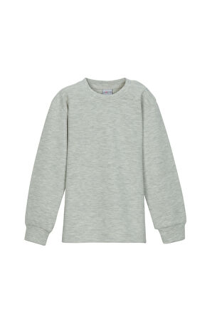 Açık Gri Melanj Basic Kız Çocuk Çıtçıtlı Sıfır Yaka Kışlık Uzun Kol Tişört