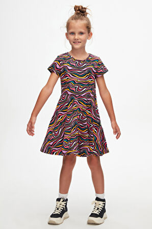 Colorful Waves Kız Çocuk Desenli Kısa Kollu Elbise