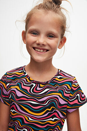 Colorful Waves Kız Çocuk Desenli Kısa Kollu Elbise