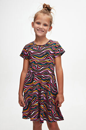 Colorful Waves Kız Çocuk Desenli Kısa Kollu Elbise