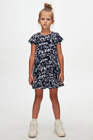 Kız Çocuk Change World Desen Kısa Kol Kloşe Etek Elbise