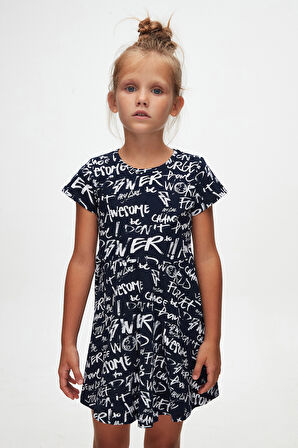 Kız Çocuk Change World Desen Kısa Kol Kloşe Etek Elbise