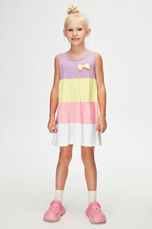 Lila Beyaz Kız Çocuk Renkli Büzgülü Askılı Elbise