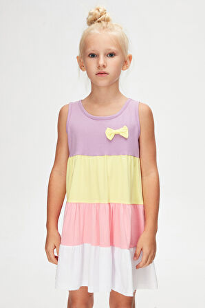 Lila Beyaz Kız Çocuk Renkli Büzgülü Askılı Elbise