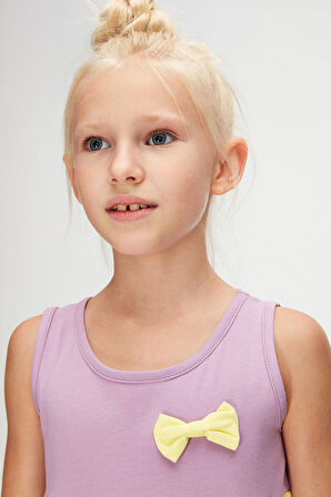 Lila Beyaz Kız Çocuk Renkli Büzgülü Askılı Elbise