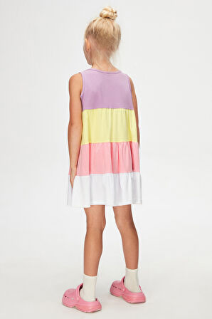 Lila Beyaz Kız Çocuk Renkli Büzgülü Askılı Elbise