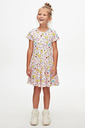 Friendly Smile Kız Çocuk Desen Kısa Kol Kloşe Etek Elbise