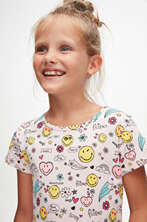 Friendly Smile Kız Çocuk Desen Kısa Kol Kloşe Etek Elbise