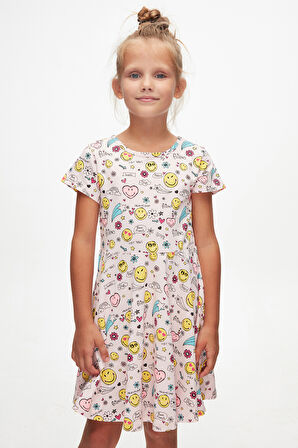 Friendly Smile Kız Çocuk Desen Kısa Kol Kloşe Etek Elbise