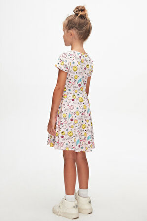 Friendly Smile Kız Çocuk Desen Kısa Kol Kloşe Etek Elbise