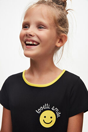 Siyah Gülen Yüz Kız Çocuk Desenli Lovetti Smile Baskılı Kısa Kol Elbise