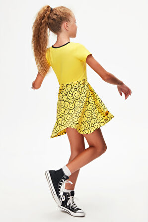 Sarı Gülen Yüz Kız Çocuk Desenli Lovetti Smile Baskılı Kısa Kol Elbise